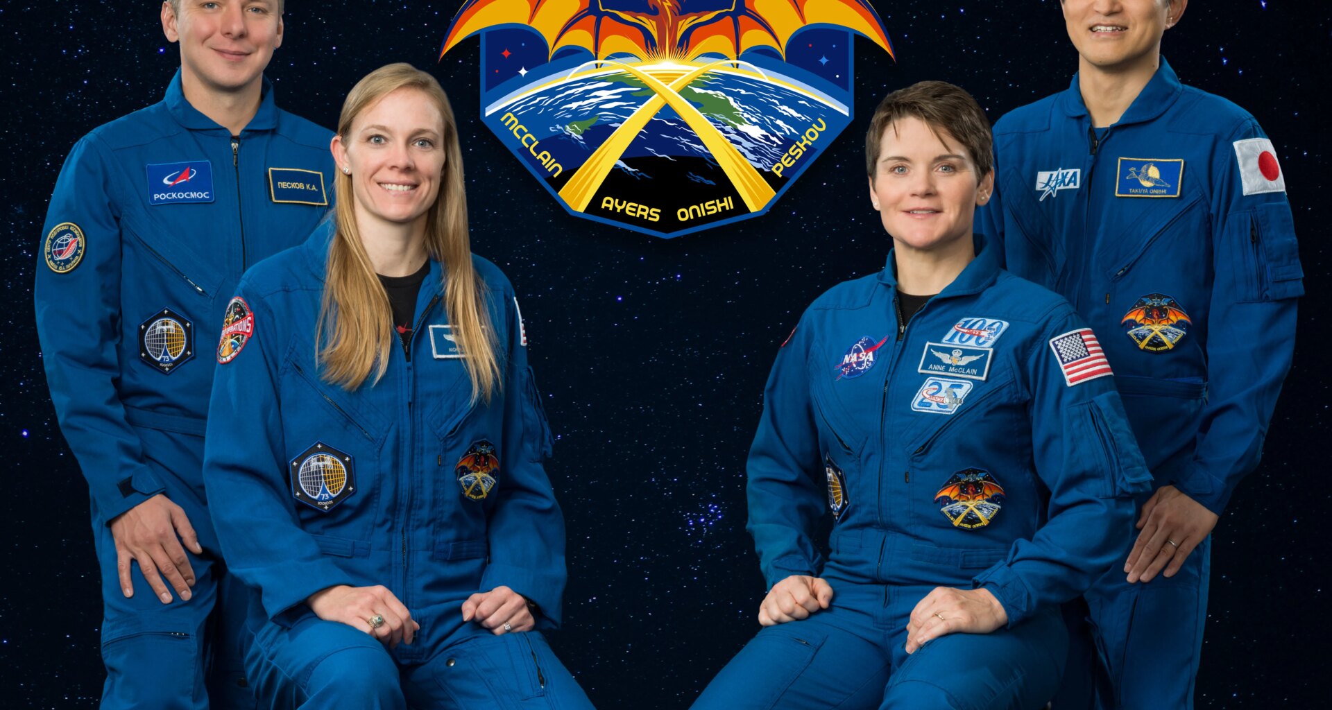 Official crew portrait for NASA’s SpaceX Crew-10 mission with NASA astronauts Anne McClain and Nichole Ayers, JAXA (Japan Aerospace Exploration Agency) astronaut Takuya Onishi, and Roscosmos cosmonaut Kirill Peskov.