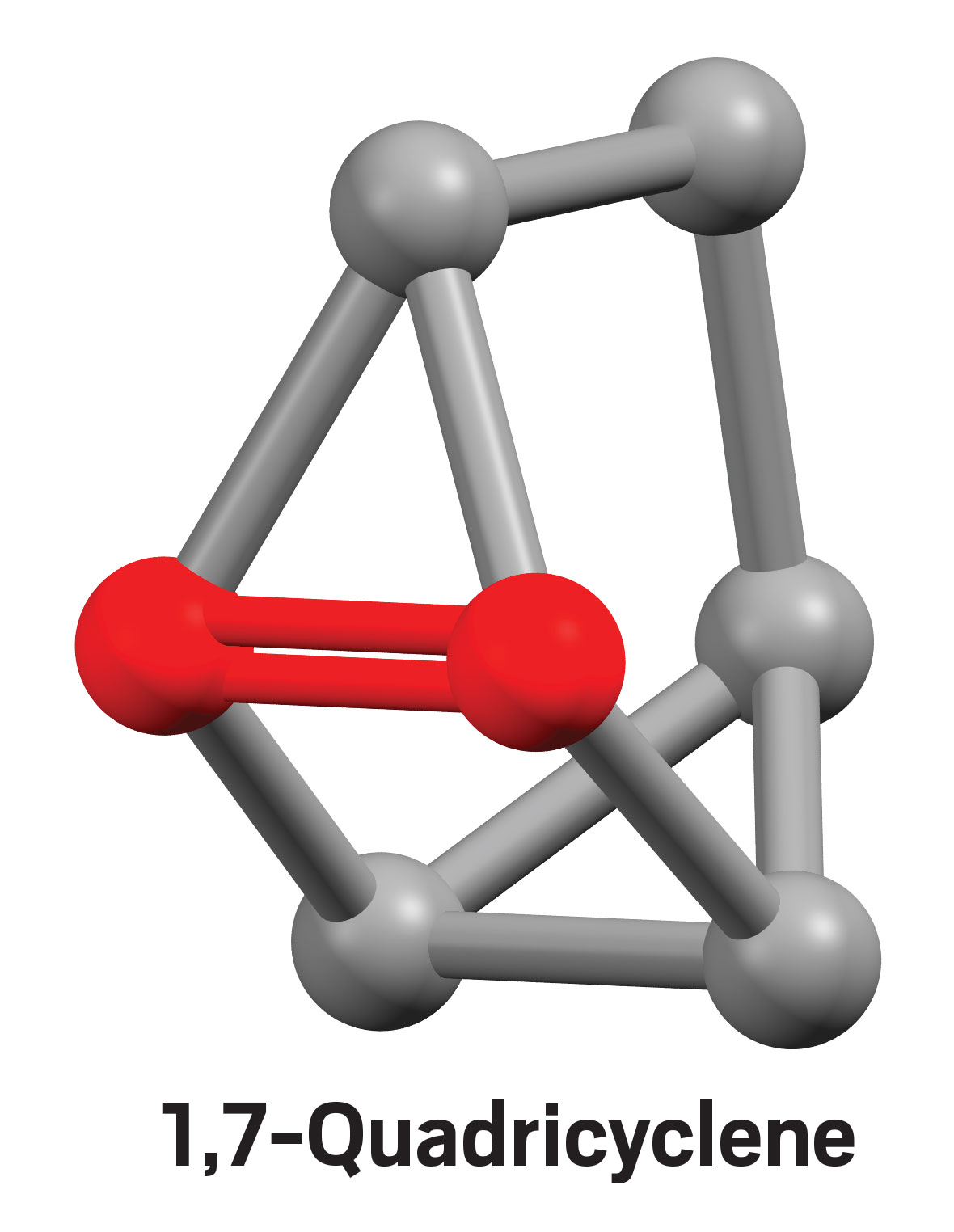 A 3D rendering of 1,7-quadricyclene, a cage-shaped molecule containing a highly strained double bond.
