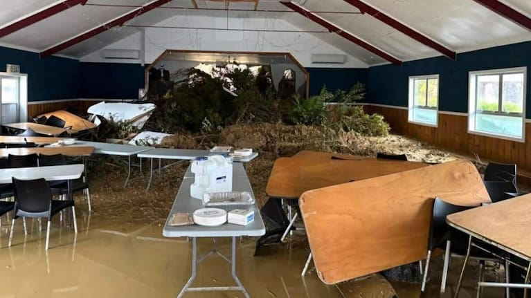 Damage to Oakura's Community Hall after wild weather last night.