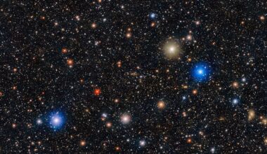 A dense field of stars and galaxies in deep space, featuring various bright blue, white, yellow, and red points of light scattered across a dark background.
