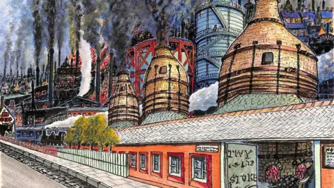 Stoke-on-Trent City Council A painting of a city scene, depicting bottle-shaped pottery chimneys and rows of terraced housing. There is smoke billowing from the factories, creating an impresson of industry in Stoke-on-Trent. In the bottom right hand corner of the photo a worker can been seen tending to the fires beneath the kilns.