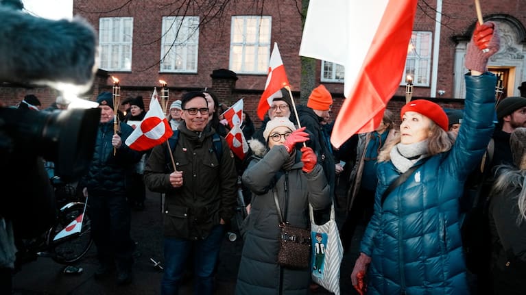 The demonstration under the slogan Greenland belongs to the Greenlanders is held in front of the American embassy in Copenhagen, Denmark.