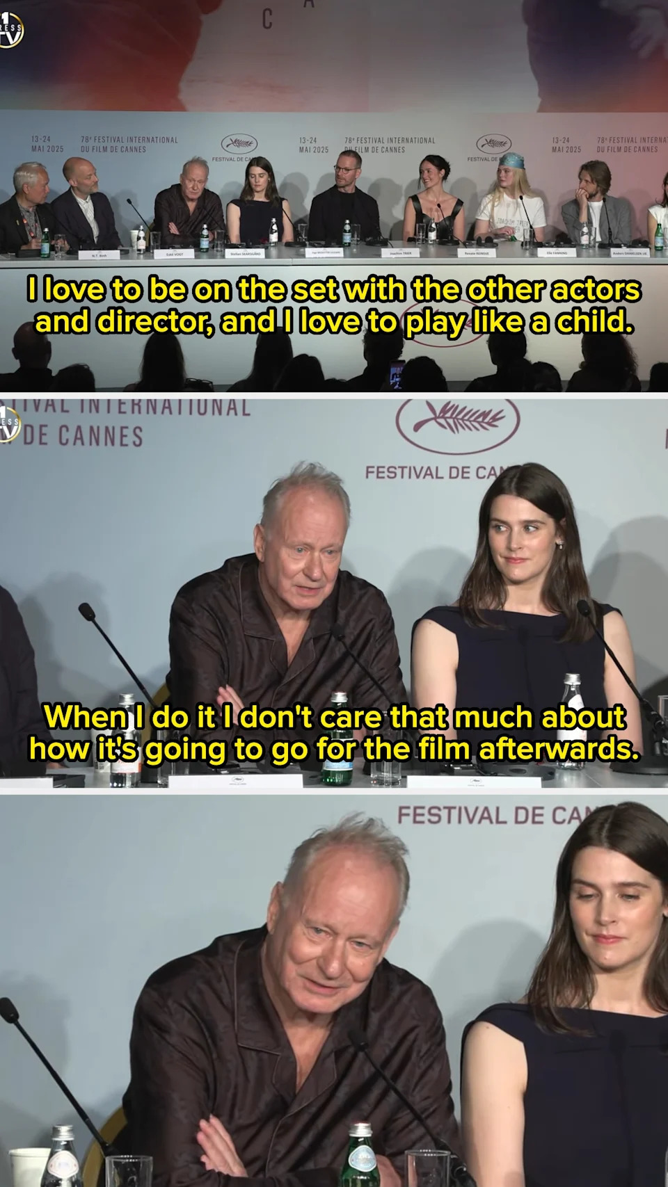 A man and woman sit at a Cannes press conference. The man expresses joy in acting and says he doesn't focus on a film's success