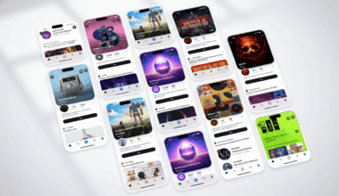 A collection of mobile phones displaying various app interfaces, including social media feeds, music players, and game screens, arranged in a grid on a white background.