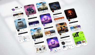 A collection of mobile phones displaying various app interfaces, arranged in a scattered pattern on a white surface with soft shadows.