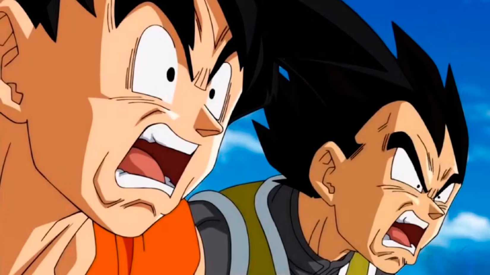 Goku and Vegeta look incredibly surprised, with their mouths hanging open.