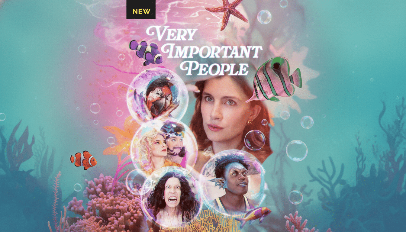 A 16:9 aspect ratio image of the Very Important People poster, featuring a woman and several other characters in bubbles, with an underwater theme.