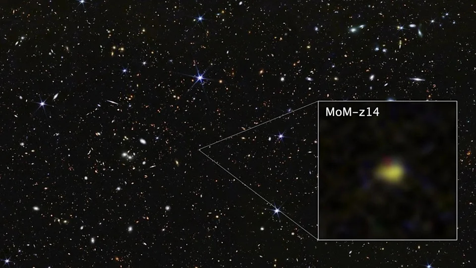 A starry background, with a box showing a yellow smudge of an ancient galaxy.