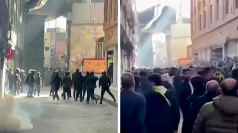 BBC Persian Composite image of two screengrabs from video obtained by BBC Persian showing Iranian riot police firing tear gas to disperse a protest in Tehran's Grand Bazaar on 6 January 2025