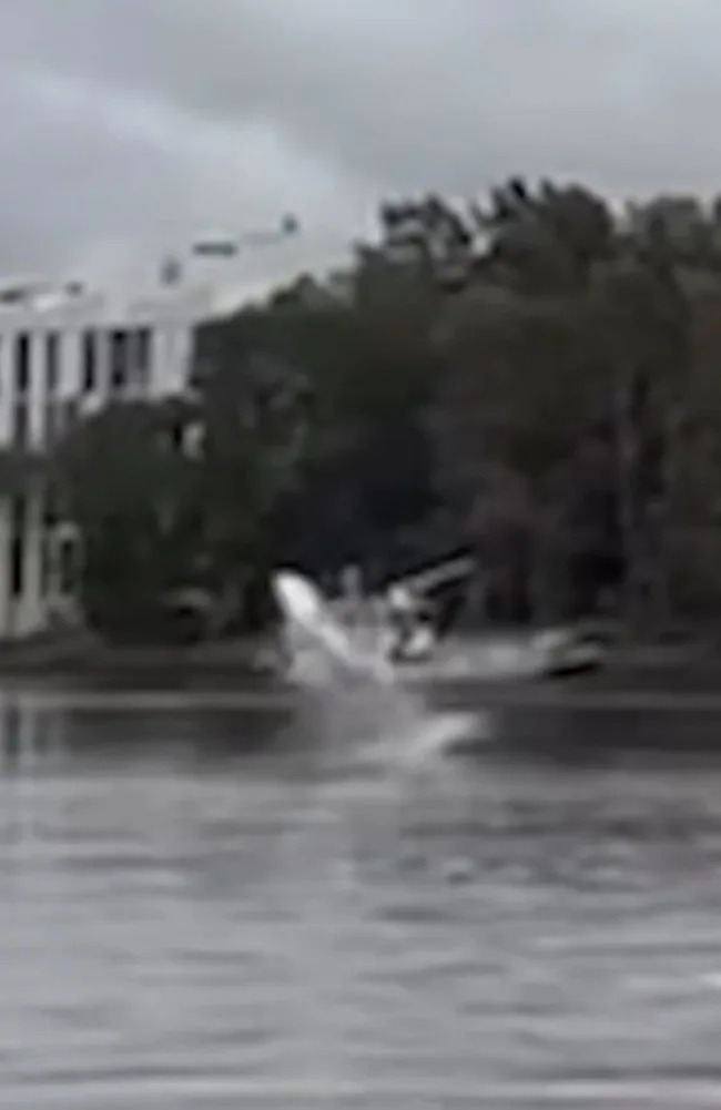 Footage has captured the moment a massive shark erupted from waters on Parramatta River, as school students watch on just metres away. Picture: Supplied.