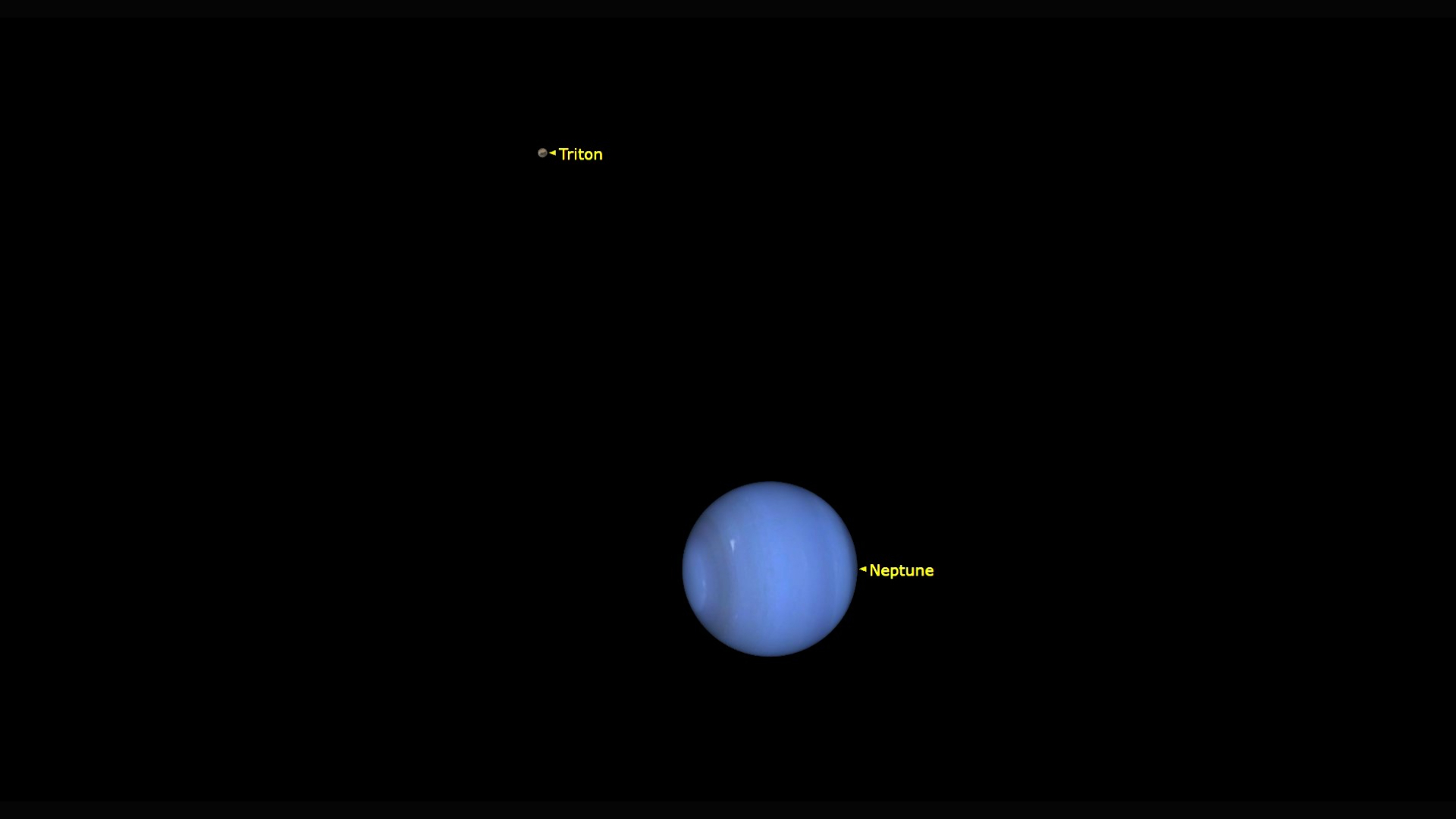 The blue planet Neptune is seen in the foreground of this image in the darkness of space with a labeled dot in the background for its moon Triton