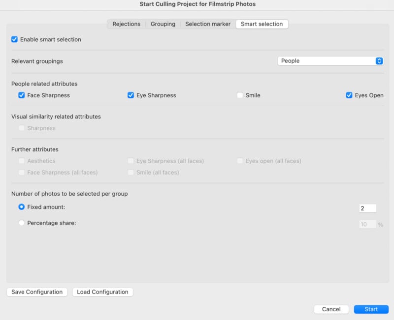 Screenshot of the "Start Culling Project for Filmstrip Photos" window, showing options to enable smart selection, select people-related attributes (Face Sharpness, Smile, Eyes Open), and set the number of photos per group.