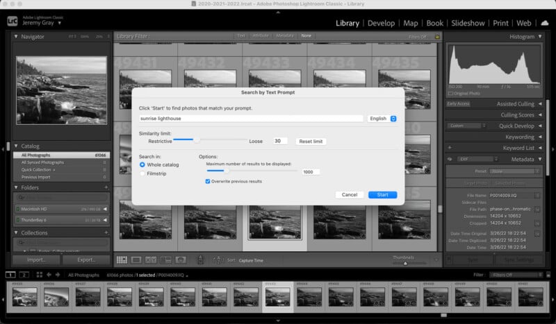A screenshot of Adobe Lightroom Classic showing a search by text prompt window over several black and white landscape photo thumbnails. The search box contains “lighthouse” and search options are visible.