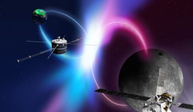 Illustration of BepiColombo and GEOTAIL observing chorus radiation together. Credit - Mercury image: NASA / Johns Hopkins University Applied Physics Laboratory / Carnegie Institution of Washington BepiColombo spacecraft image: ESA, Earth Image: NASA