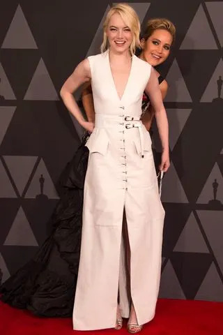 VALERIE MACON/AFP/Getty Emma Stone (front) and Jennifer Lawrence at the 2017 Governors Awards in Hollywood, Calif.
