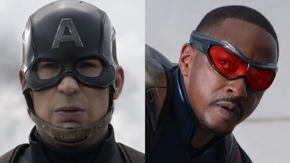  Steve Rogers (Chris Evans) looks ahead in Captain America: Civil War, while Sam Wilson (Anthony Mackie) stares on in Captain America: Brave New World. 