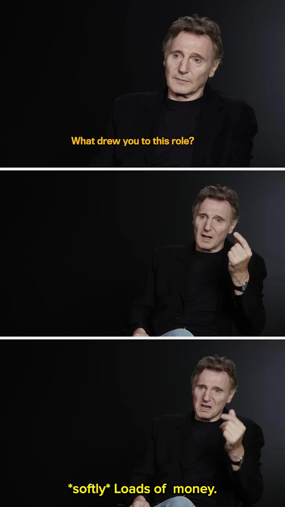 Three images of a man answering with humor, “What drew you to this role?” He gestures, saying, “*softly* Loads of money.”