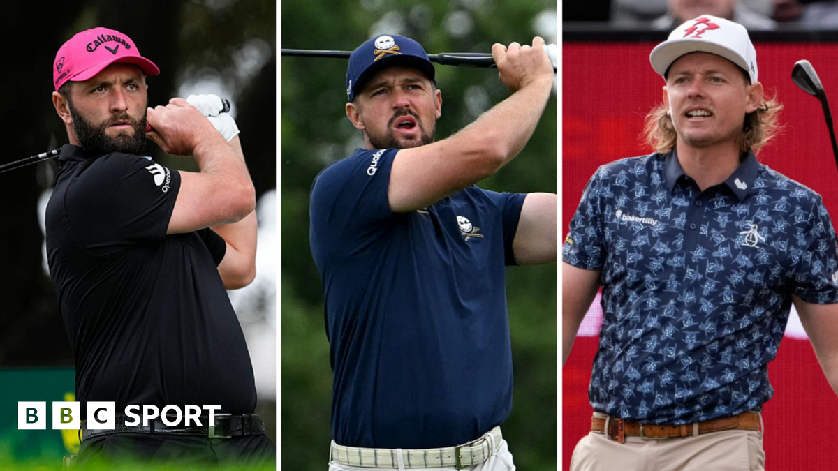 Jon Rahm, Bryson DeChambeau and Cam Smith in a three-way split picture. All three are looking down the fairway after tee shots