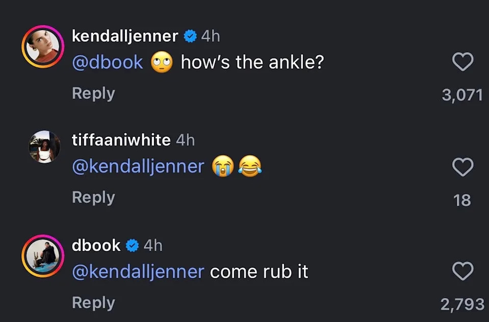 Kendall Jenner asks Devin Booker about his ankle and replies telling her to rub it