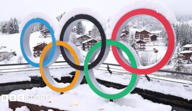 A view of snow-covered Olympic rings in Cortina d'Ampezzo