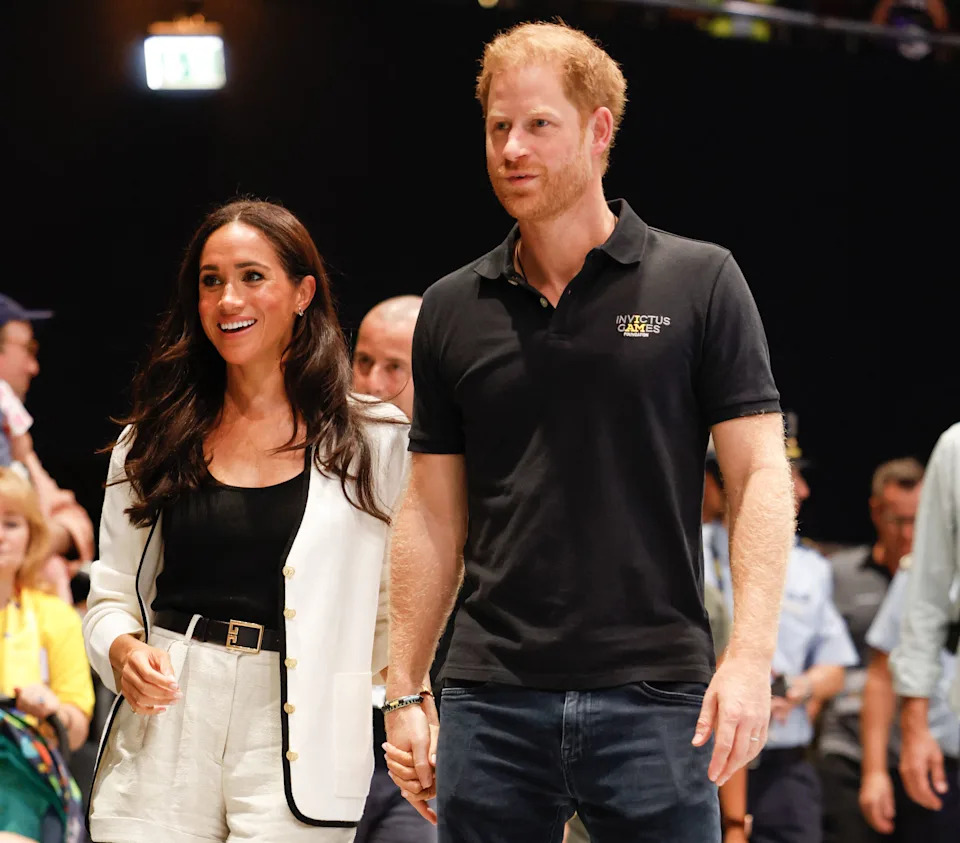Britain's Meghan, Duchess of Sussexand Britain's Prince Harry, Duke of Sussex, arrive at the 2023 Invictus Games in Duesseldorf, western Germany on September 13, 2023. The Invictus Games, an international sports competition for wounded soldiers founded by British royal Prince Harry in 2014 run from September 9 to 16, 2023 in Duesseldorf. (Photo by Odd ANDERSEN / AFP) (Photo by ODD ANDERSEN/AFP via Getty Images)