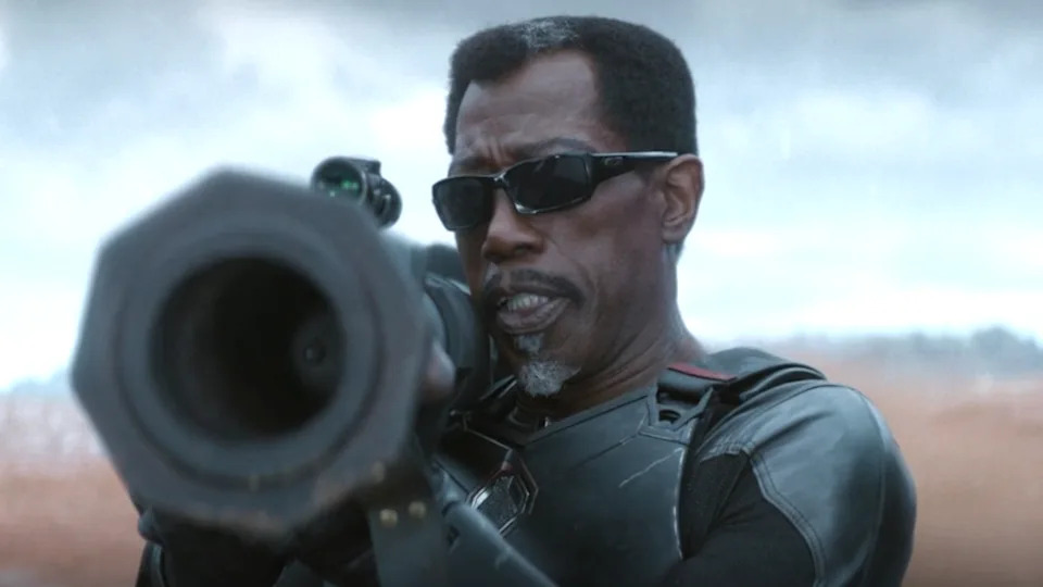 Wesley Snipes aims a rocket launcher in battle in Deadpool & Wolverine.