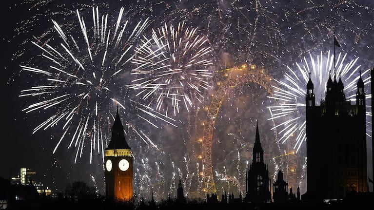 Fireworks light up the sky in central London to celebrate the New Year on Thursday, Jan. 1, 2026.