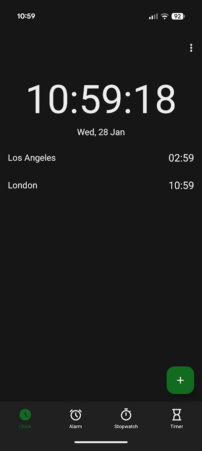 world clock in fossify clock app in dark mode