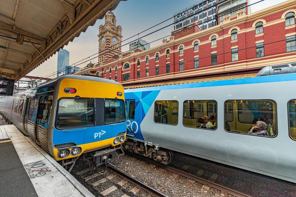 trains at Flinders Street Station, which children will be able to use for free from 2026