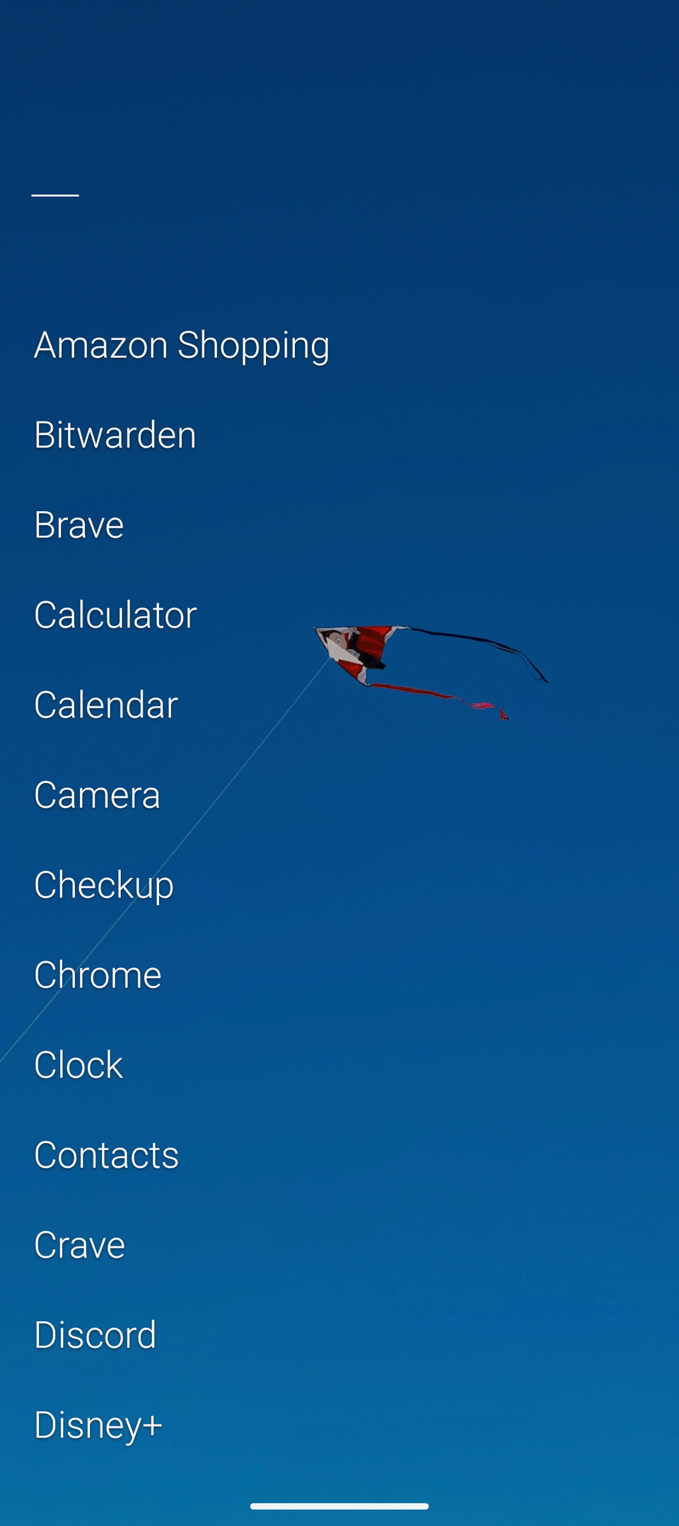 a screenshot showing an Android app drawer with Olauncher enabled; apps are listed in plain text