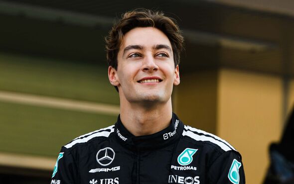 George Russell in front of Mercedes garage George Russell in front of Mercedes garage