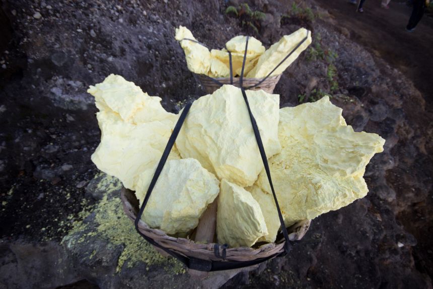 Extracted sulphur on Mount Ijen in Indonesia. Sulfur is a key ingredient for life.