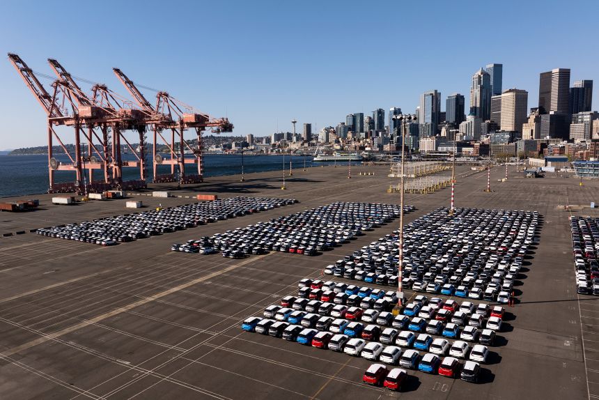 New Hyundai and Kia vehicles at the Port of Seattle in Seattle, Washington, on Wednesday, April 16, 2025.