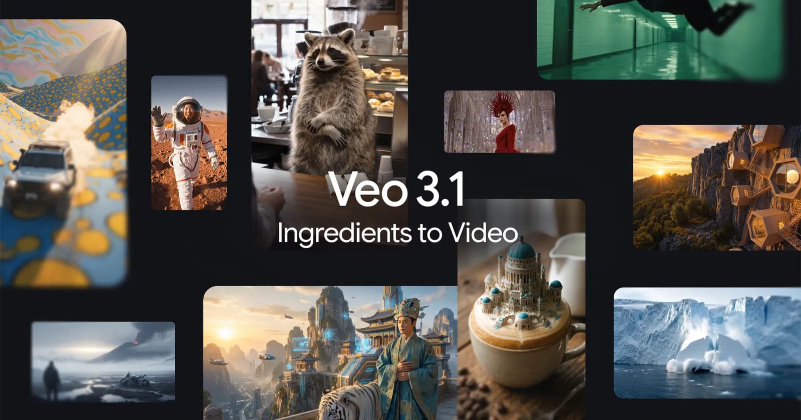 A collage of imaginative and realistic scenes including a raccoon in a café, an astronaut, a swimmer, fantasy landscapes, a car in a desert, and melting icebergs. Text in the center reads: "Veo 3.1 Ingredients to Video.