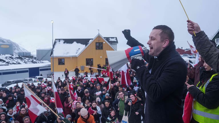 Greenlandic Prime Minister Jens-Frederik Nielsen speaks during a protest against Trump's policy towards Greenland
