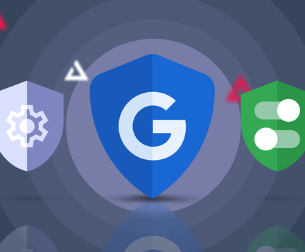 Illustration of a Google shield flanked by settings and toggle switch icons.