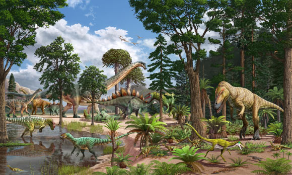 Ecosystem reconstruction of the Late Jurassic Dry Mesa Dinosaur Quarry around 150 million years ago in Colorado, the United States. Image credit: Sergey Krasovskiy / Pedro Salas.