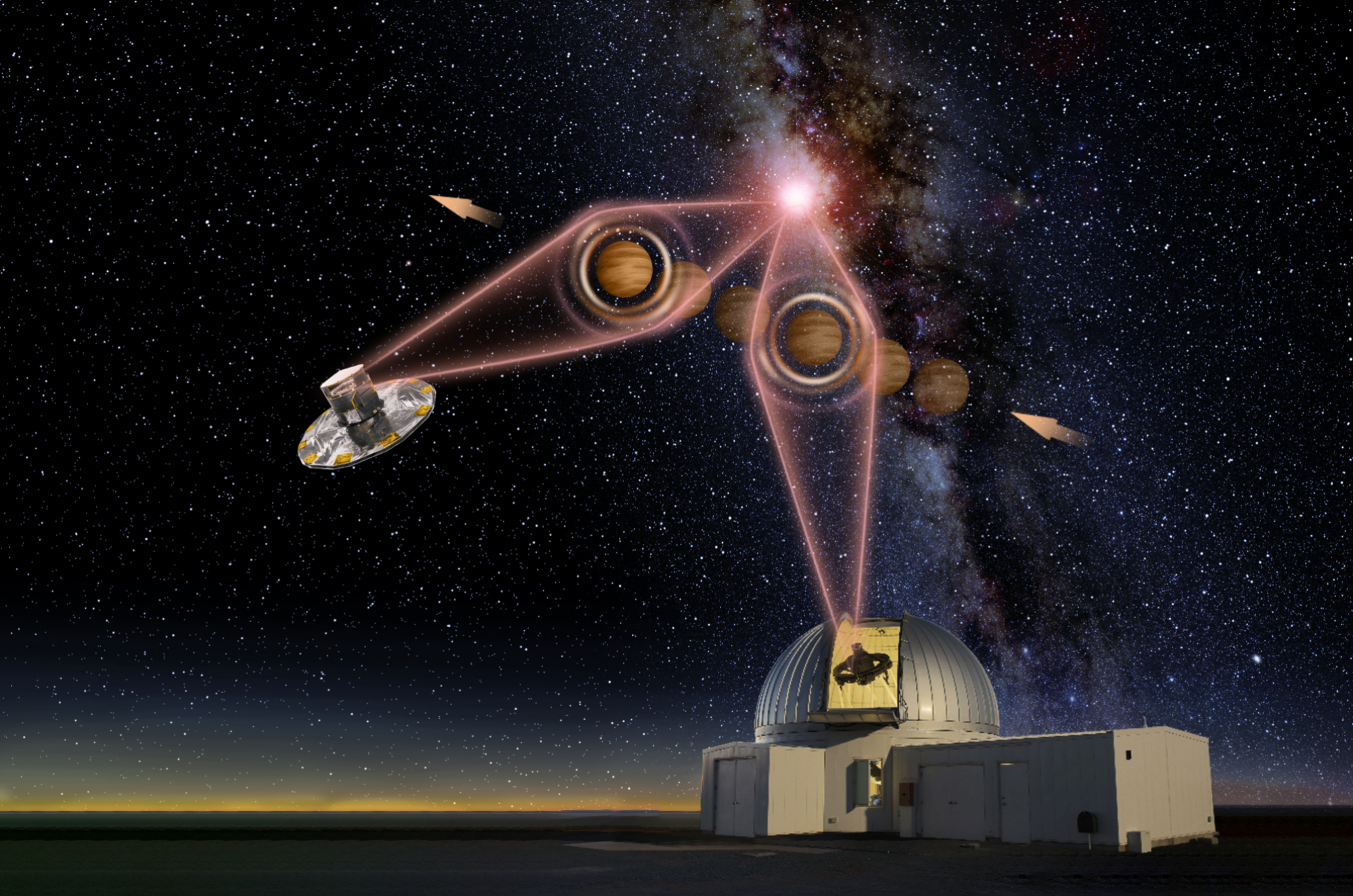 An artist's rendering of microlens parallax to measure a rogue planet's mass