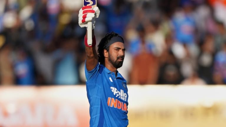 India's KL Rahul celebrates after scoring a century during the second One Day International cricket match.