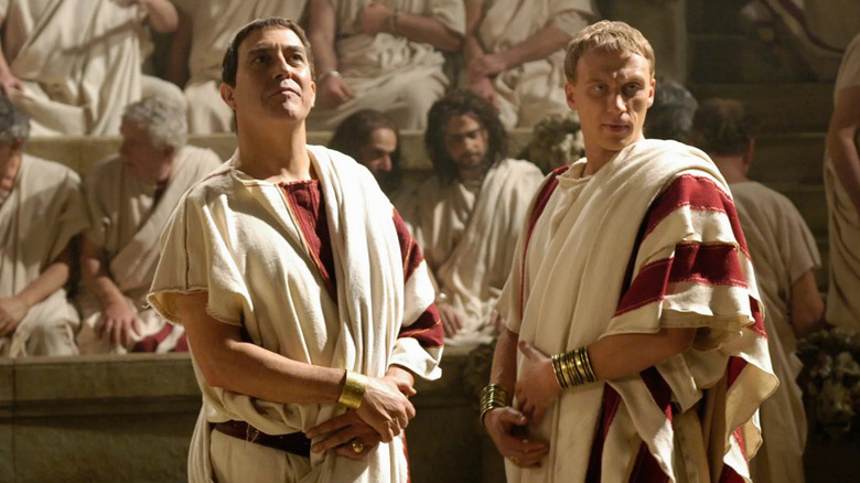 Julius Caesar (Ciarán Hinds) stands proudly with Lucius Vorenus (Kevin McKidd) in Rome