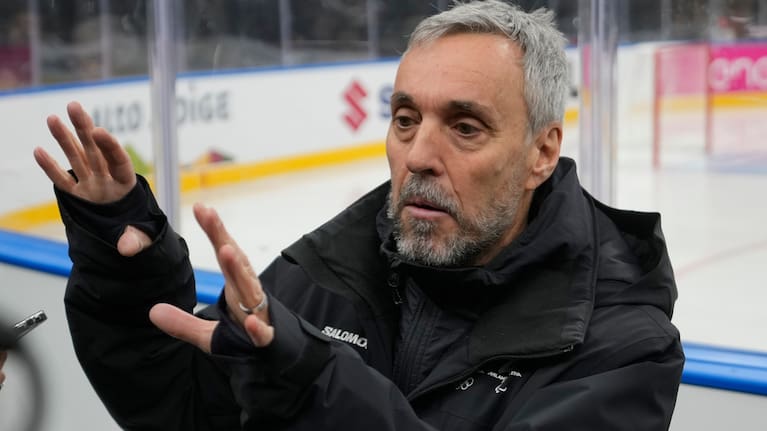 Andrea Varnier, CEO Fondazione Milano Cortina 2026 talks to reporters at the Santa Giulia Ice Hockey Arena, in Milan, where Ice Hockey discipline of the Milan Cortina 2026 Winter Olympics will take place