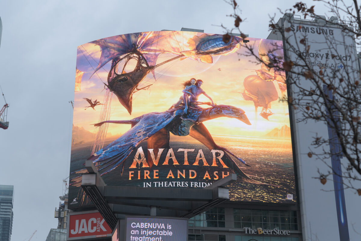 Photo shows a billboard for the new James Cameron film, 'Avatar: Fire And Ash'