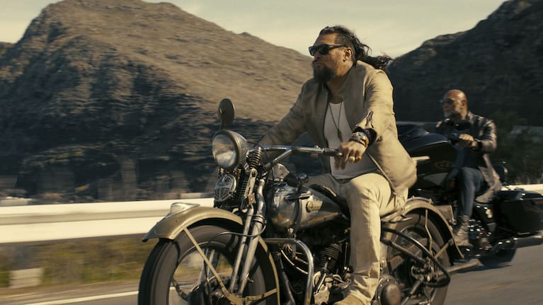 Jason Momoa riding through New Zealand with Dave Bautista in The Wrecking Crew.