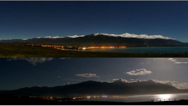Moonlit panoramic views of Kaikoura taken by Dr Larry Field taken before (top) and after the installation of new lighting (bottom), showing lighting comparisons of reduced sky glow.