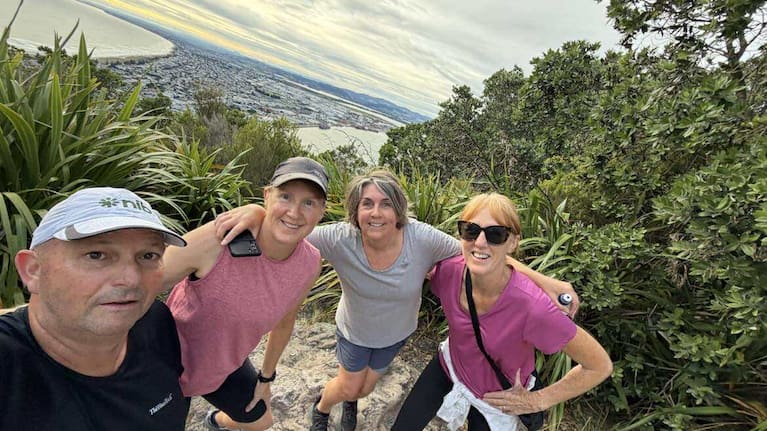 Karyn on a morning walk to the top of the Mount with friends Todd and Sarah (left) and Debbie (far right).