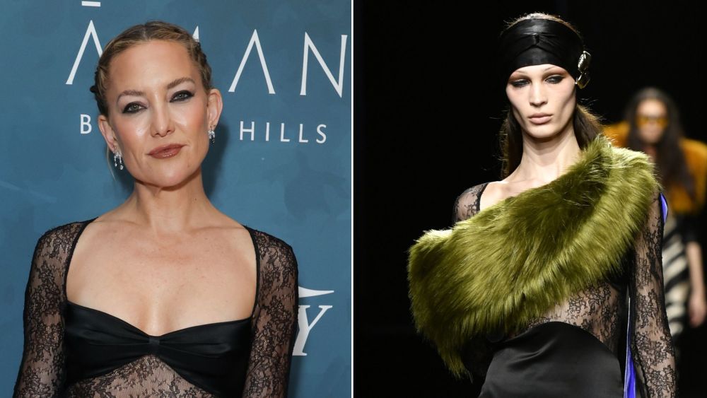 Kate Hudson in a sheer lace dress from Nina Ricci's fall 2025 collection; a model wearing the dress with a chartreuse fur wrap on the runway.