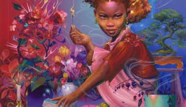 a painting by kayla mahaffey of a young girl lighting a match. flowers and lightning bolts surround her