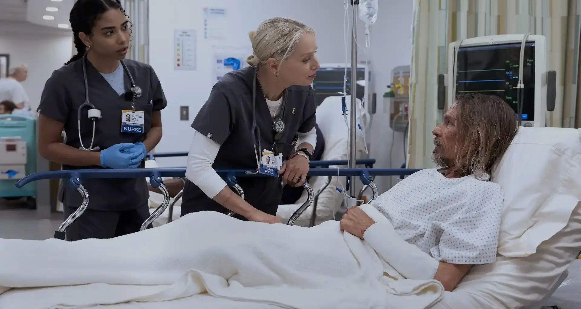 Laetitia Hollard, Katherine Lanasa and Charles Edward Baker in The Pitt Season 2