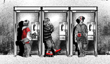 Three teens in phone booths.
