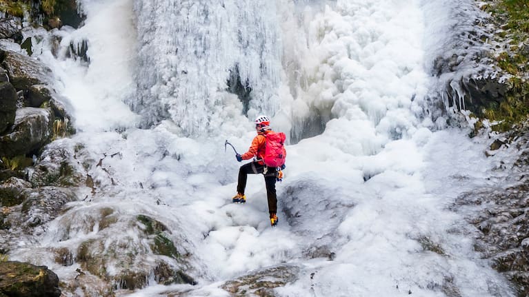 Lost Earth Adventures' instructor Mick Ellerton climbs a frozen waterfall in Gordale Scar near Malham Cove in the Yorkshire Dales National Park, as ice warnings are in place across the UK ahead of a storm.